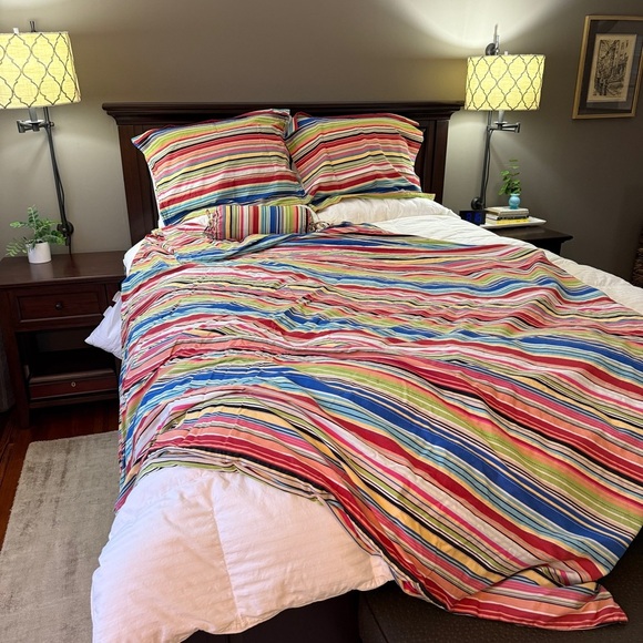 Pottery Barn Colorful Serape Stripe Queen Duvet w/ Stand Shams & Bolster Pillow - Picture 1 of 13